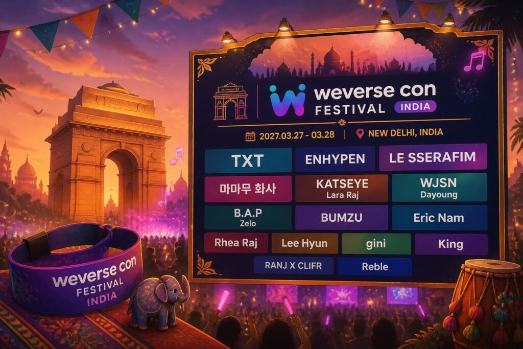 HYBE, 첫 해외 Weverse Con Festival India 라인업 발표의 내용을 설명하는 AI 생성 일러스트
