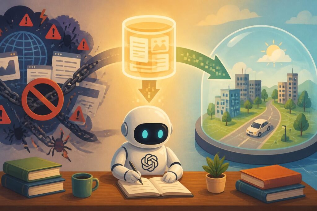 OpenAI, AI 훈련을 라이브 인터넷 제외한 캐시 및 시뮬레이션 환경으로 전환의 내용을 설명하는 AI 생성 일러스트